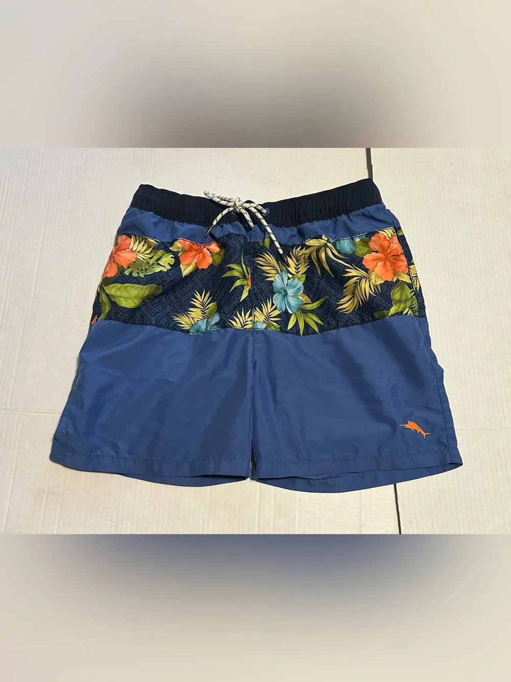 Tommy Bahama Blue Swim Trunks with Orange and Green Floral Waistband